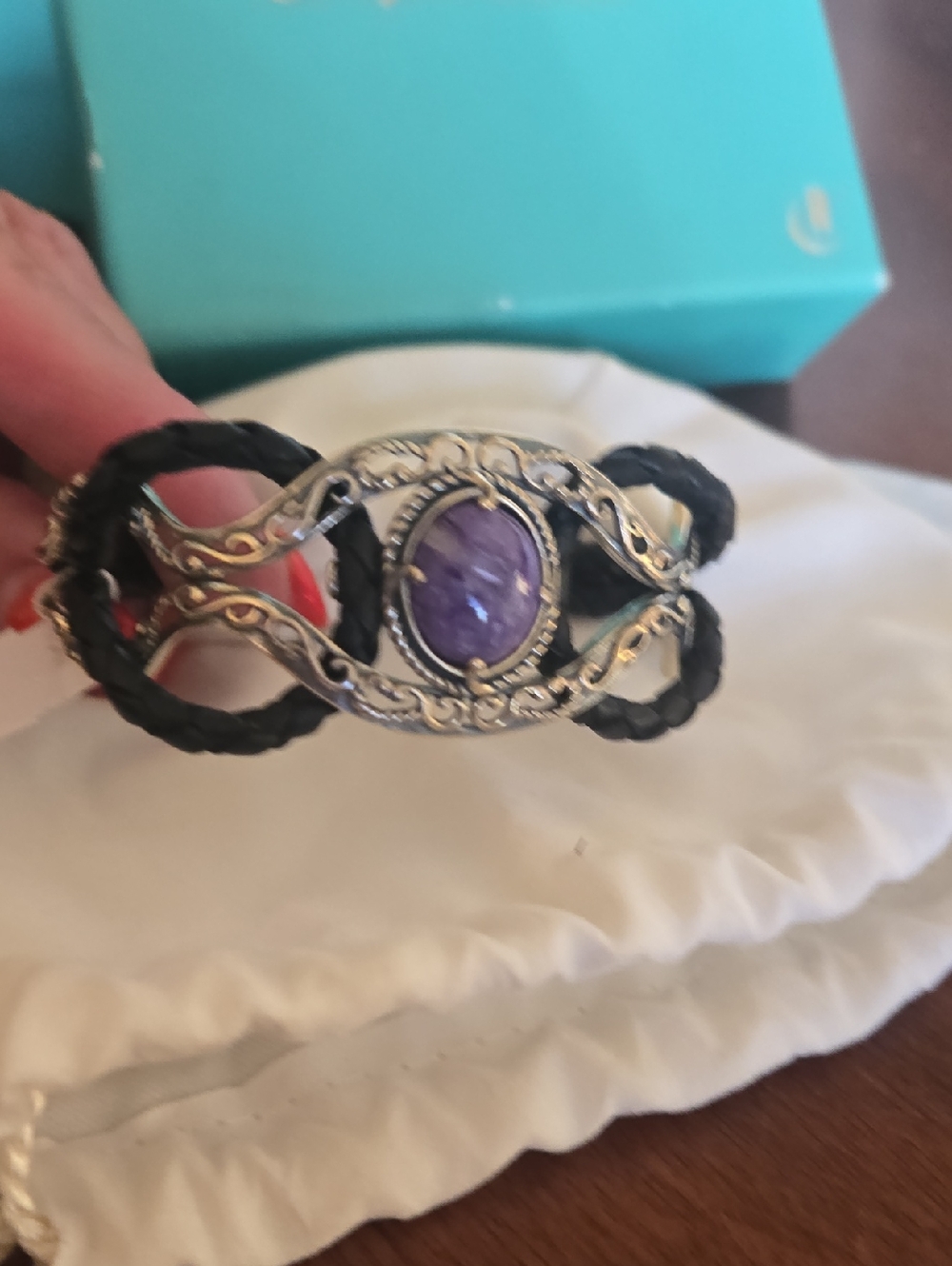 Vintage-Inspired Silver & Purple Stone Braided Leather Bracelet